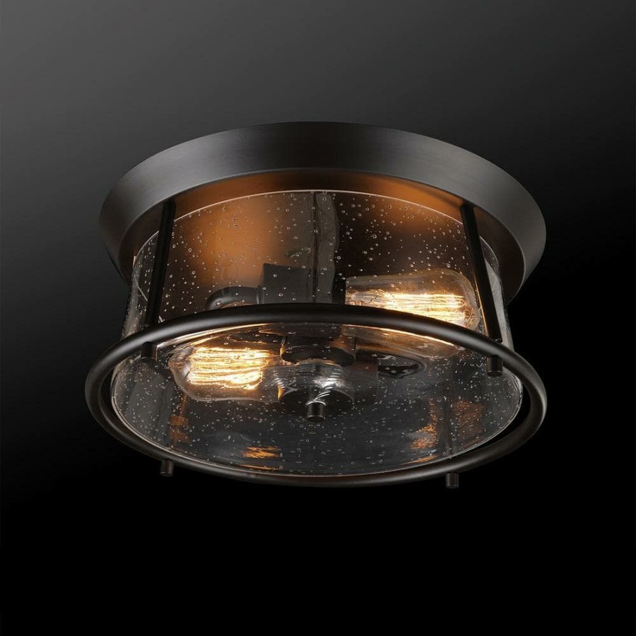 Flush Mount Lights * | Donny 12.75 In. 2-Light Dark Bronze Flush Mount With Seeded Glass Shade, Light Bulbs Included By Globe Electric