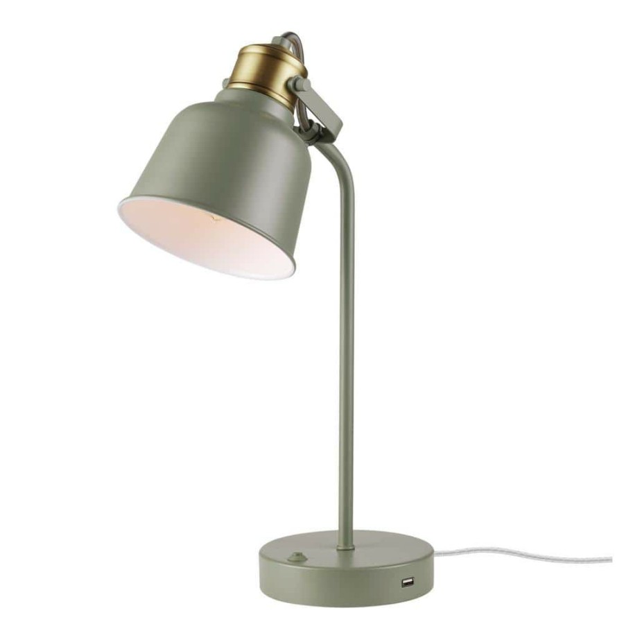 Lamps * | Dakota 18 In. Matte Sage Green Desk Lamp With Matte Brass Accents And 2.1A Usb Port By Globe Electric