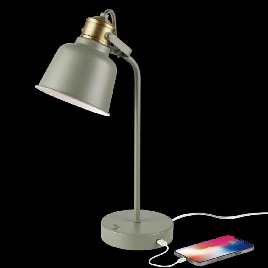 Lamps * | Dakota 18 In. Matte Sage Green Desk Lamp With Matte Brass Accents And 2.1A Usb Port By Globe Electric