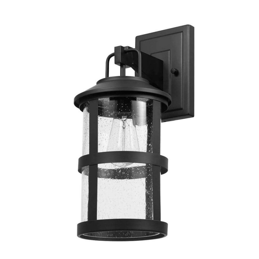 Outdoor Lighting * | Penelope 1-Light Matte Black Hardwired Outdoor Indoor Wall Lantern Sconce With Seeded Glass Shade By Globe Electric