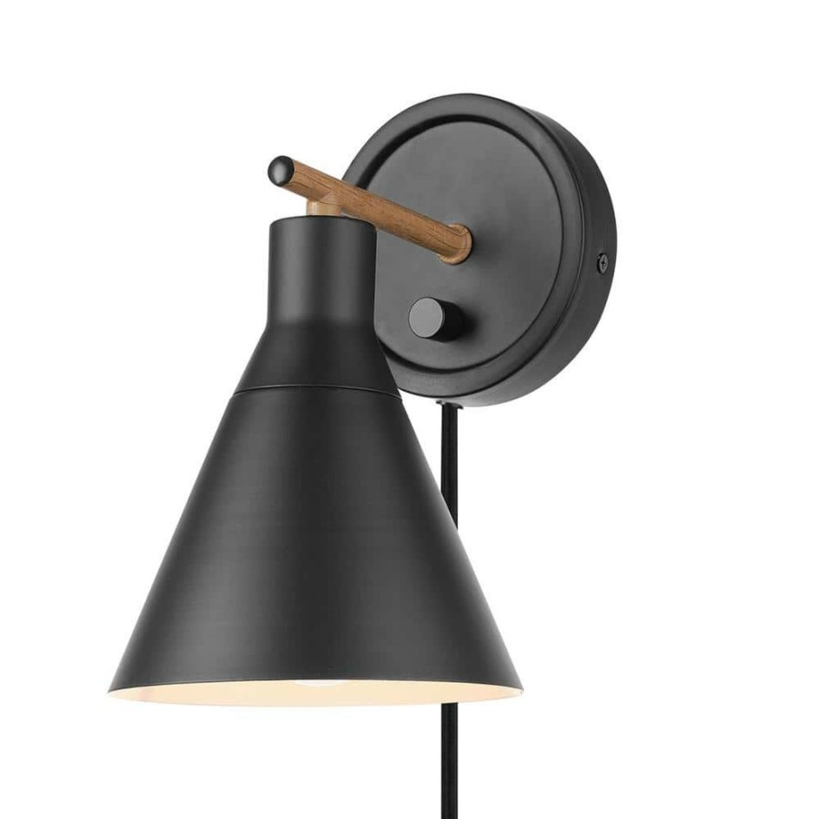 Wall Sconces * | Tristan 4.8 In. Matte Black Plug-In Or Hardwire Sconce With Faux Walnut Accent, Black Fabric Cord By Globe Electric