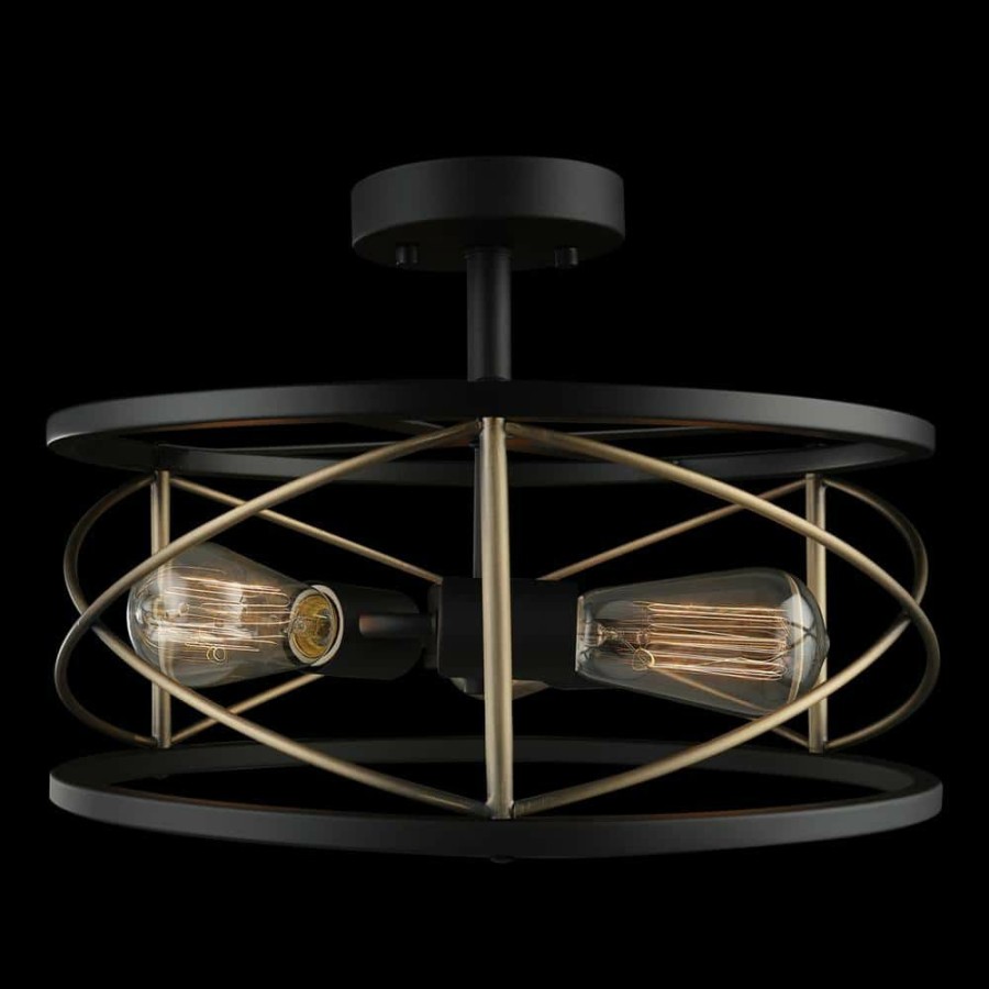 Flush Mount Lights * | Denali 15 In. 3-Light Matte Black Semi-Flush Mount With Brass Accents By Globe Electric