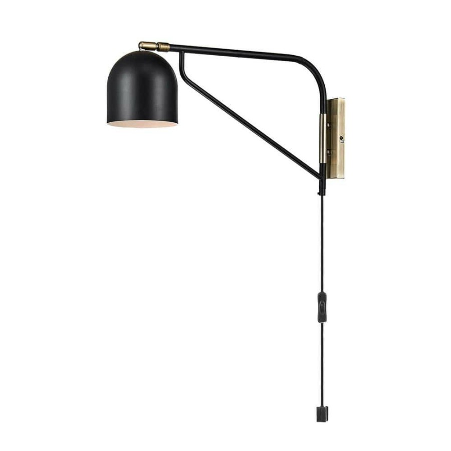 Wall Sconces * | Mullin 1-Light Matte Black Plug-In Wall Sconce With Antique Brass Accent And Led Bulb Included By Globe Electric