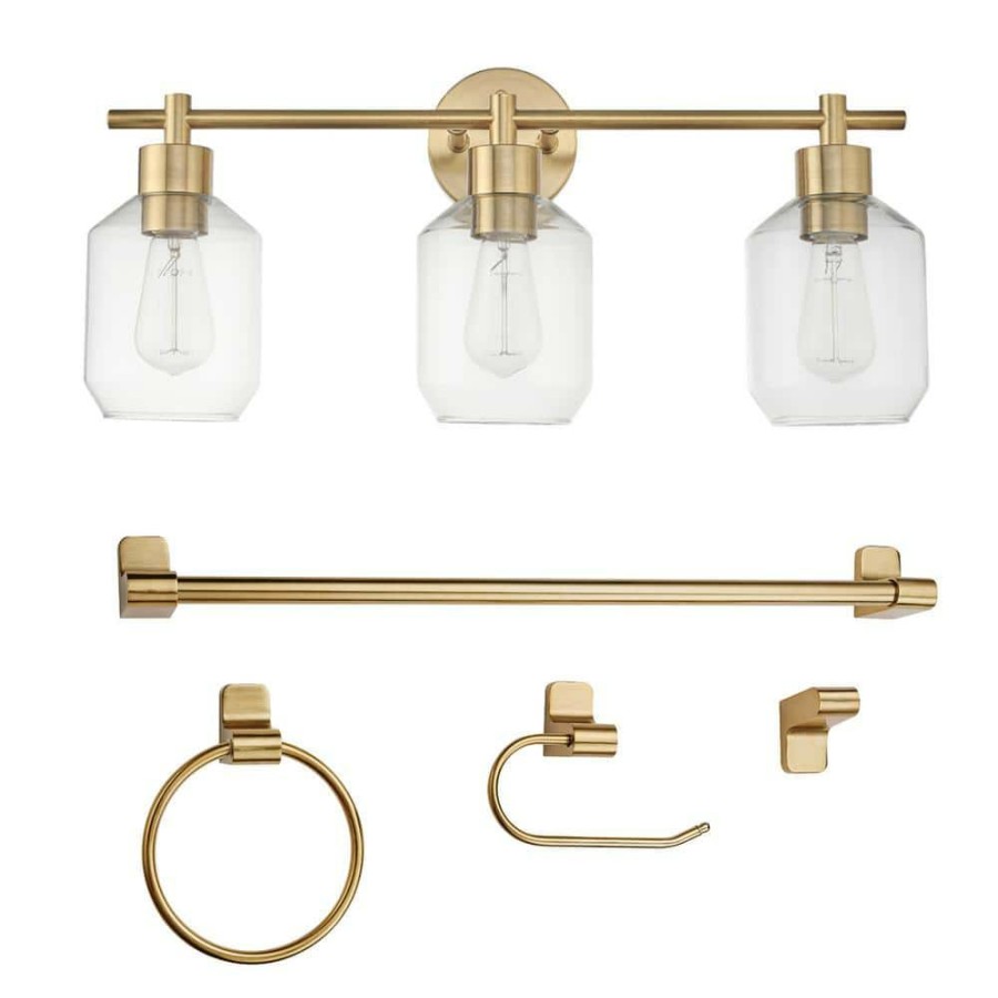 Vanity Lighting * | Cannes 24.5 In. 3-Light Brass Vanity Light With Clear Glass Shades And Bath Set (5-Piece) By Globe Electric