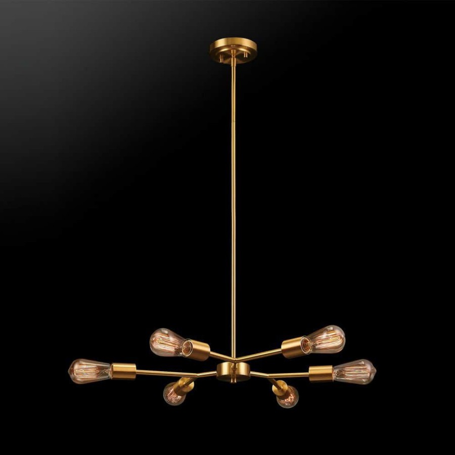 Chandeliers * | 6-Light Matte Brass Chandelier With Adjustable Hanging Height By Globe Electric