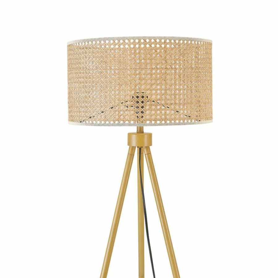 Lamps * | 60 In. Faux Wood Floor Lamp With Rattan Shade And Tripod Base, On/Off Rotary Switch On Socket By Globe Electric