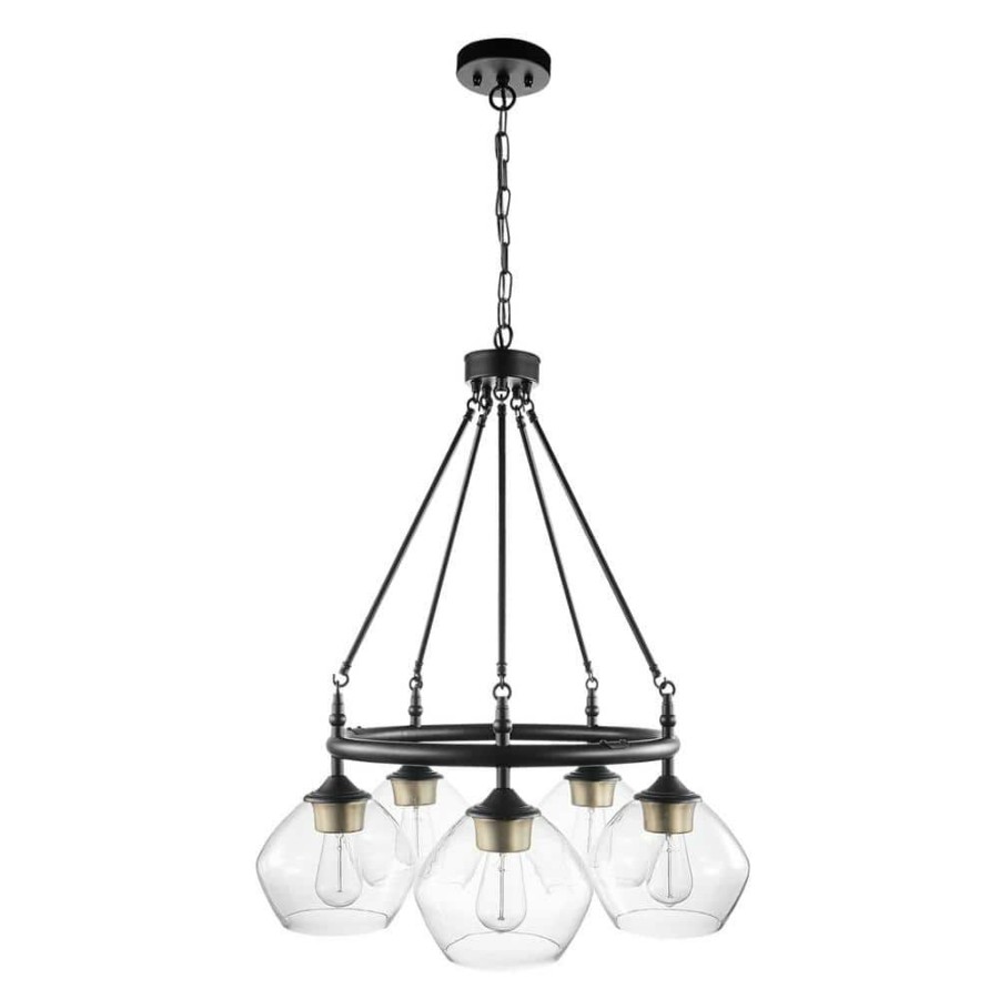 Chandeliers * | Harrow 5-Light Matte Black Chandelier With Gold Accent Sockets And Clear Glass Shades By Globe Electric