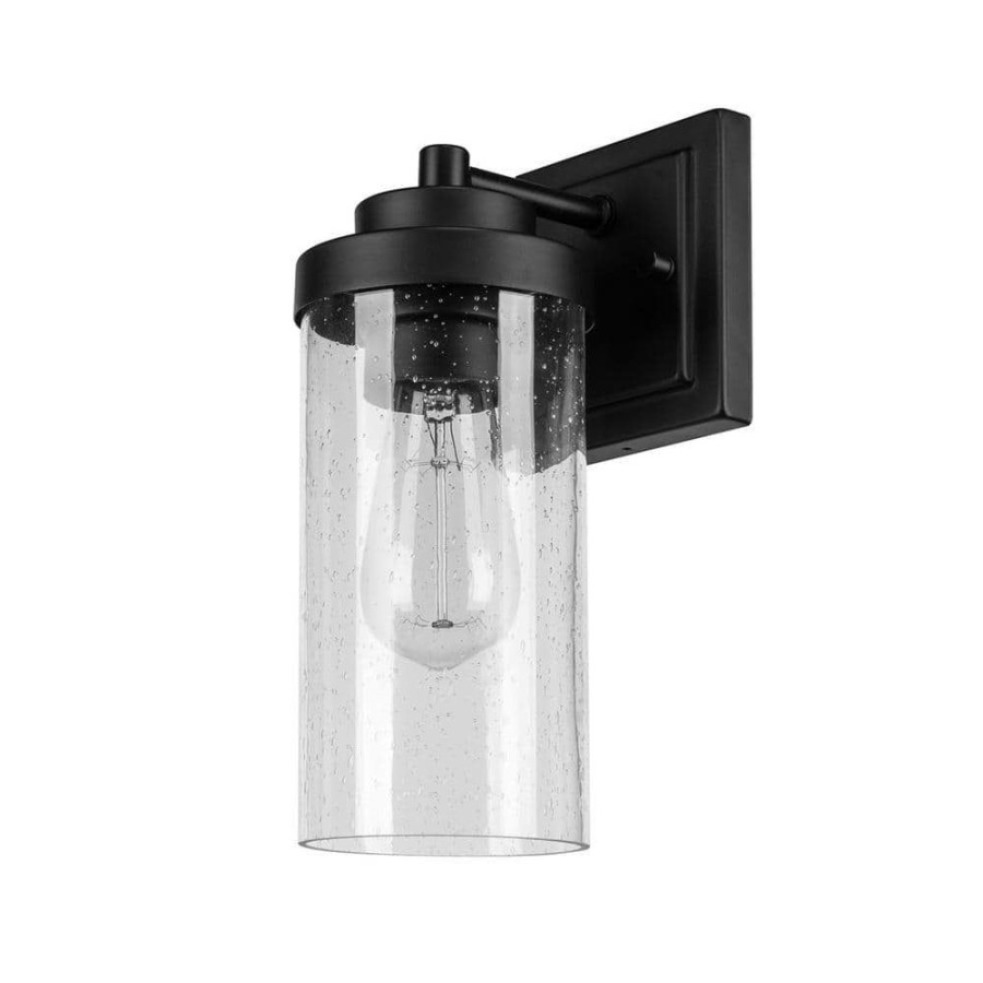 Outdoor Lighting * | Axel 1-Light Outdoor Indoor Wall Sconce, Matte Black, Seeded Glass Shade By Globe Electric