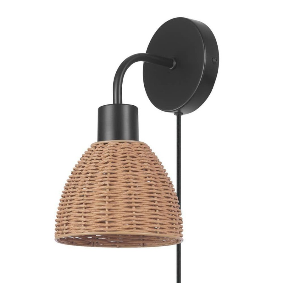 Wall Sconces * | 1-Light Matte Black Plug-In Or Hardwire Wall Sconce With Rattan Shade, 6 Ft. Black Cord, In-Line On/Off Rocker Switch By Globe Electric