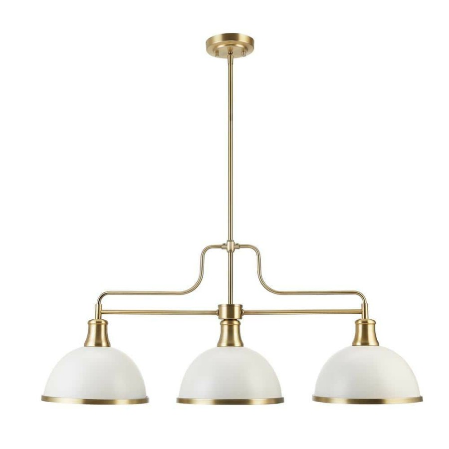 Chandeliers * | Beckett 3-Light Matte White Linear Chandelier With Metal Shades And Matte Brass Accents By Globe Electric