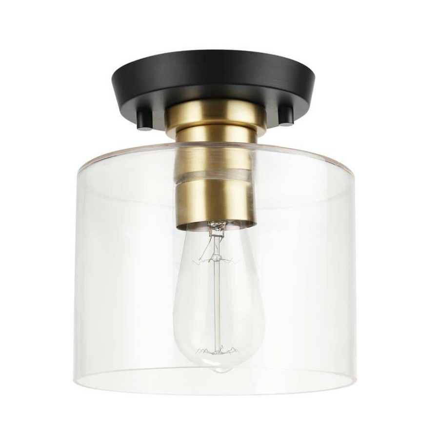 Flush Mount Lights * | Polly 7 In. 1-Light Black Semi-Flush Mount Light With Brass Accent And Clear Glass Shade, Vintage Edison Bulb Included By Globe Electric