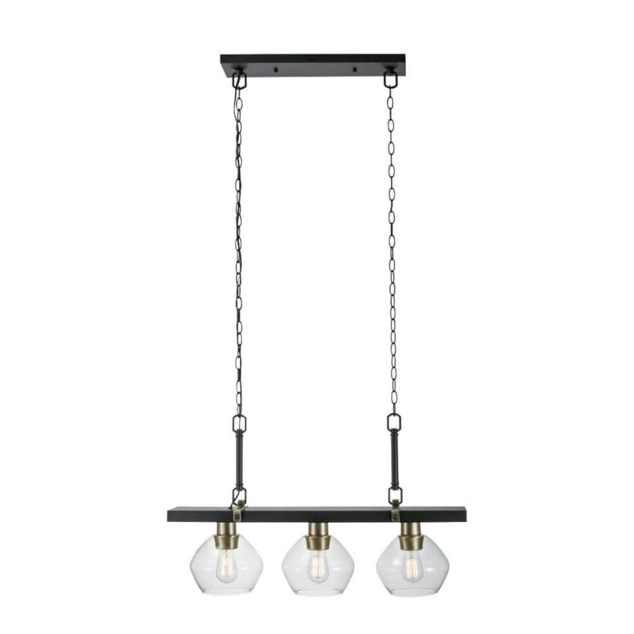 Chandeliers * | Harrow 3-Light Matte Black Linear Pendant Lighting With Gold Accent Sockets And Clear Glass Shades By Globe Electric