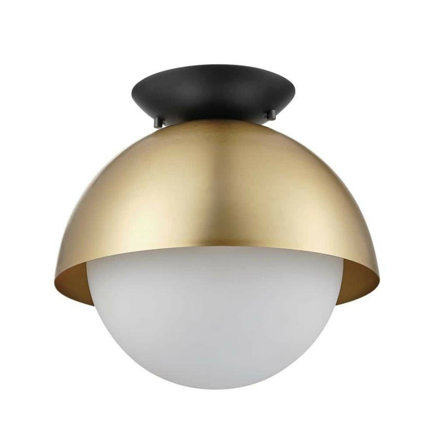 Flush Mount Lights * | Oswald 10 In. 1-Light Matte Brass Flush Mount With Matte Black Accent Canopy And Frosted Glass Shade By Globe Electric