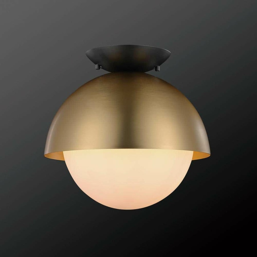 Flush Mount Lights * | Oswald 10 In. 1-Light Matte Brass Flush Mount With Matte Black Accent Canopy And Frosted Glass Shade By Globe Electric