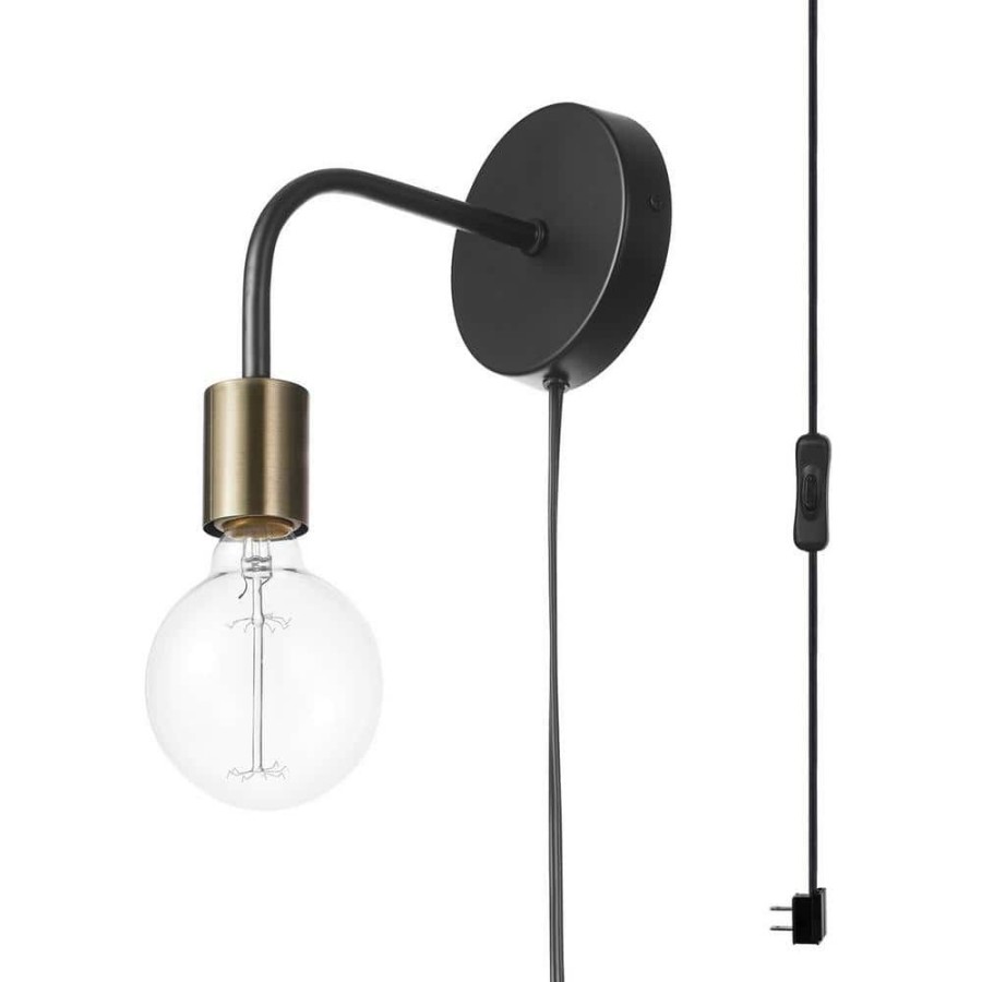 Wall Sconces * | Holden 1-Light Matte Black Plug-In Or Hardwire Wall Sconce With Matte Brass Socket By Globe Electric