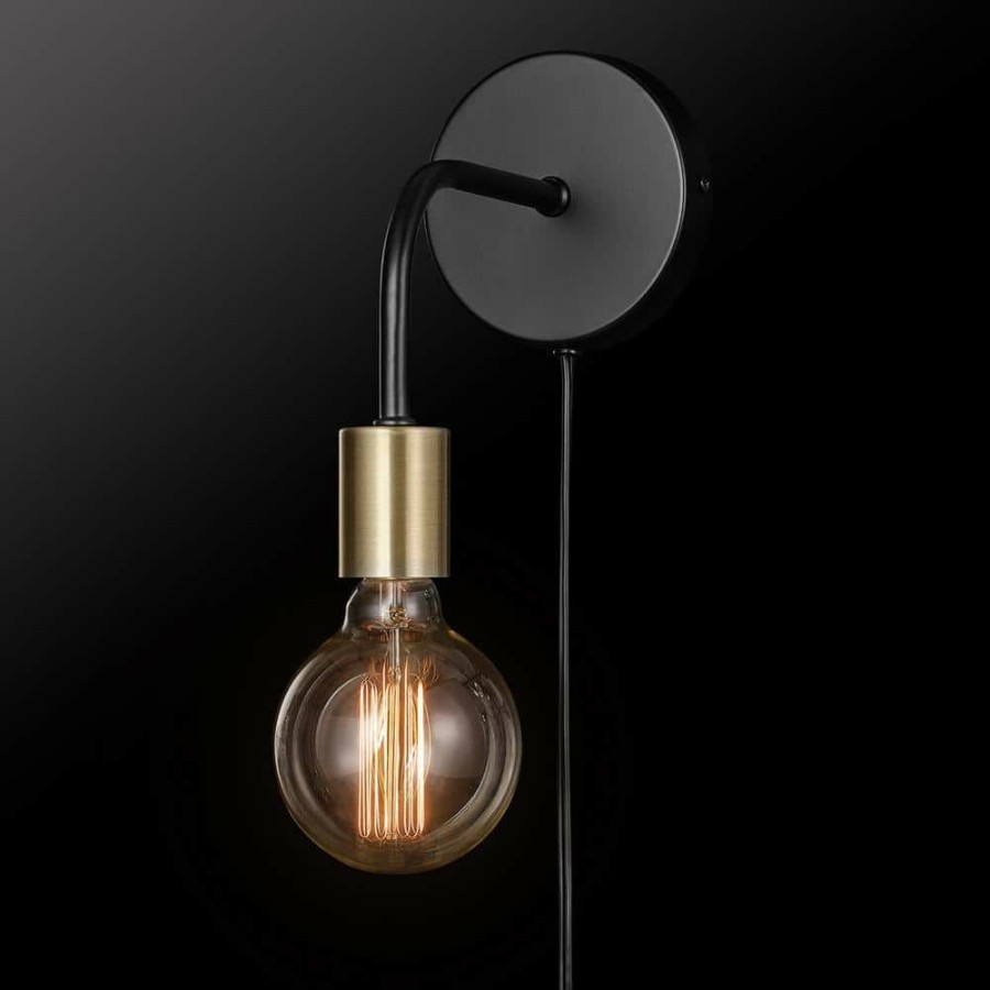 Wall Sconces * | Holden 1-Light Matte Black Plug-In Or Hardwire Wall Sconce With Matte Brass Socket By Globe Electric