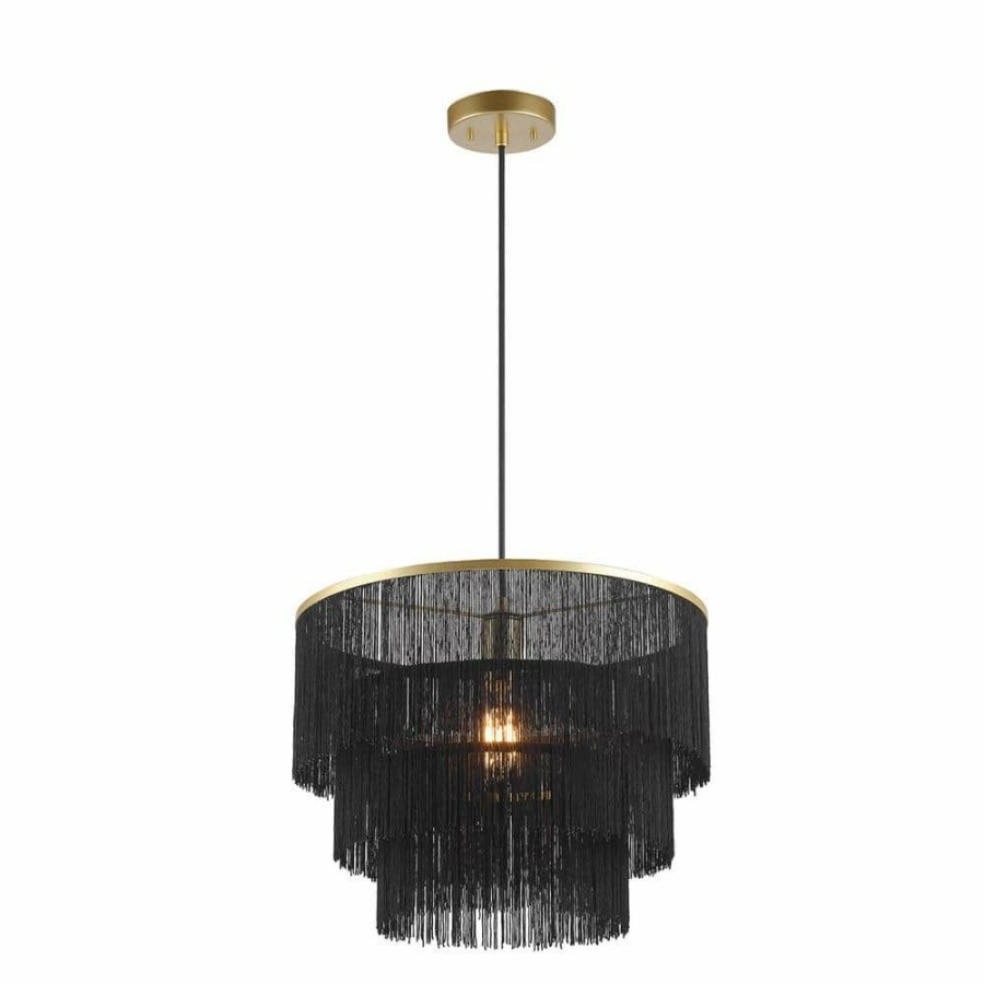 Pendant Lights * | Willow 1-Light Matte Gold Pendant Light With Black Fabric Fringe Shade And Black Cloth Hanging Cord By Globe Electric