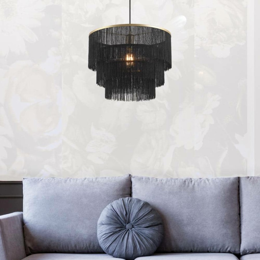 Pendant Lights * | Willow 1-Light Matte Gold Pendant Light With Black Fabric Fringe Shade And Black Cloth Hanging Cord By Globe Electric