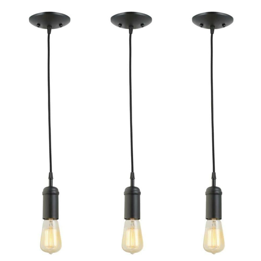 Pendant Lights * | 1-Light Black Vintage Pendant With Black Woven Fabric Cord With Adjustable Upto 60 In. (Pack Of 3) By Globe Electric