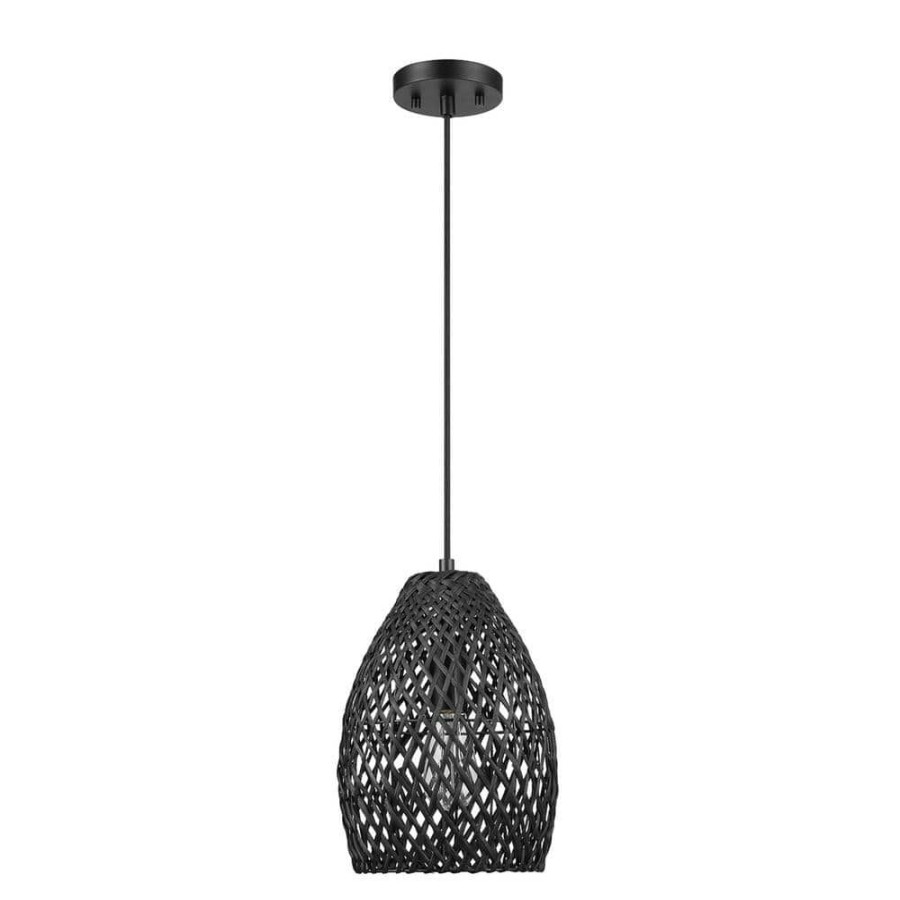 Chandeliers * | Kora 1-Light Matte Black Shaded Pendant Light With Black Twine Shade By Globe Electric