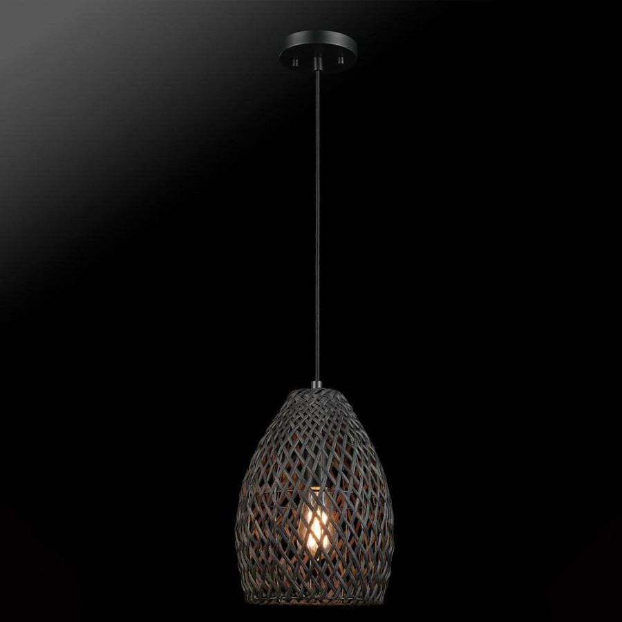 Chandeliers * | Kora 1-Light Matte Black Shaded Pendant Light With Black Twine Shade By Globe Electric