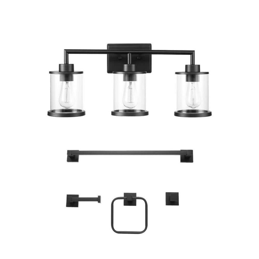 Vanity Lighting * | Harlow 23.52 In. 3-Light Matte Black Vanity Light With Clear Glass Shades, 4-Piece Bathroom Accessory Set Included By Globe Electric