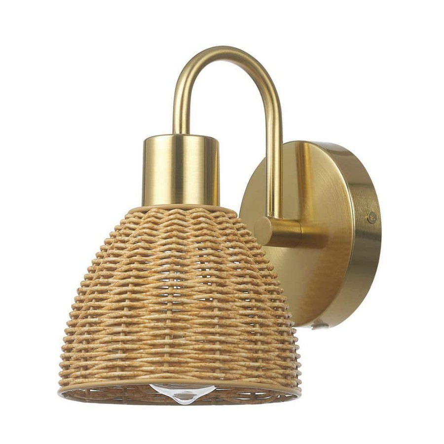 Wall Sconces * | Isla 1-Light Matte Brass Plug-In Or Hardwire Wall Sconce With Faux Rattan Shade By Globe Electric