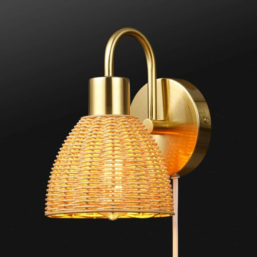 Wall Sconces * | Isla 1-Light Matte Brass Plug-In Or Hardwire Wall Sconce With Faux Rattan Shade By Globe Electric