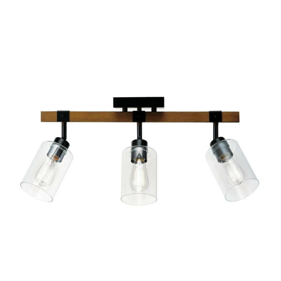 Track Lighting * | Austin 2 Ft. 3-Light Faux Wood Fixed Track Lighting Kit With Matte Black Accents And Clear Glass Shades By Globe Electric