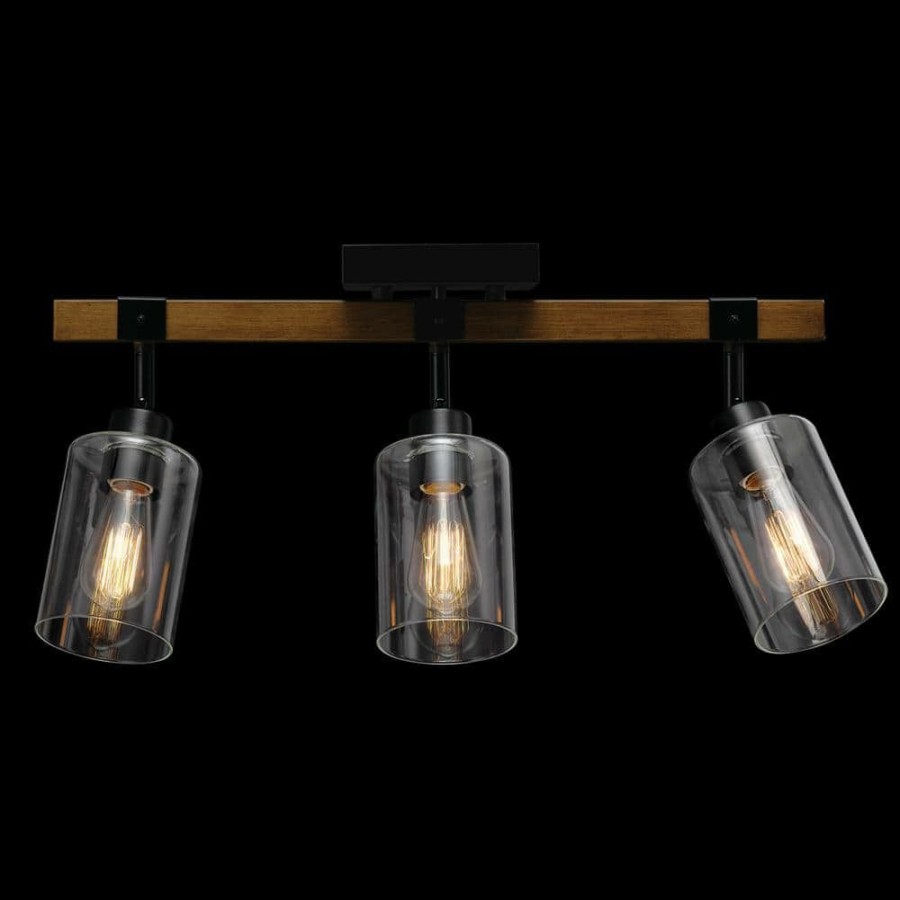 Track Lighting * | Austin 2 Ft. 3-Light Faux Wood Fixed Track Lighting Kit With Matte Black Accents And Clear Glass Shades By Globe Electric