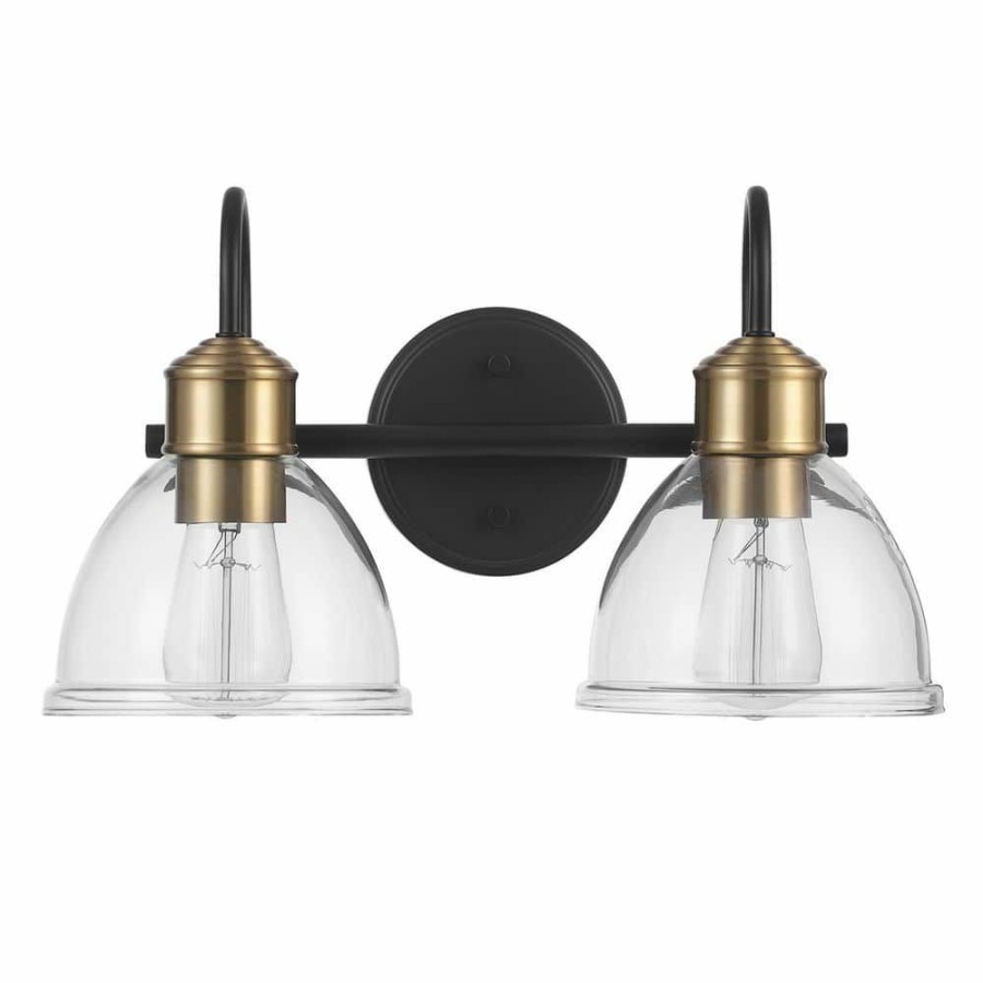 Vanity Lighting * | 16 In. 2-Light Matte Black Vanity Light With Antique Brass Sockets And Clear Glass Shades By Globe Electric