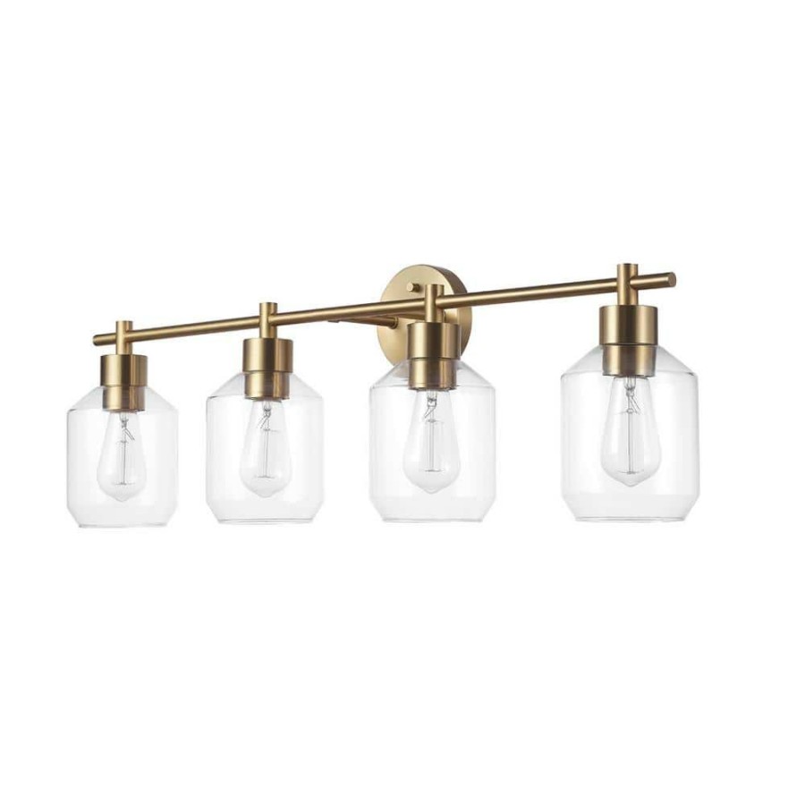 Vanity Lighting * | Cannes 33.63 In. 4-Light Matte Brass Vanity Light With Opal Glass Shades By Globe Electric