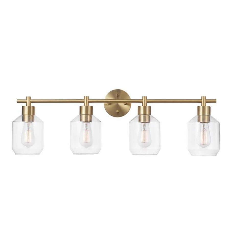 Vanity Lighting * | Cannes 33.63 In. 4-Light Matte Brass Vanity Light With Opal Glass Shades By Globe Electric