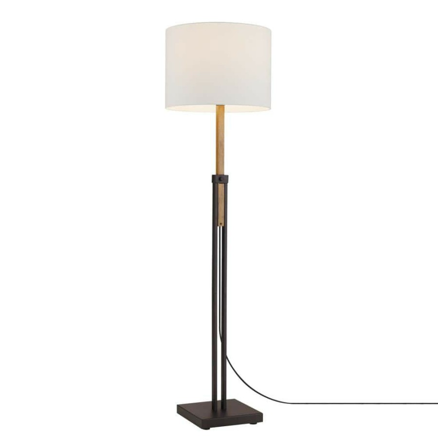 Lamps * | Oakland 65 In. Dark Bronze Floor Lamp With Faux Wood Accent And Textured Beige Shade, Cec Title 20 Led Bulb Included By Globe Electric