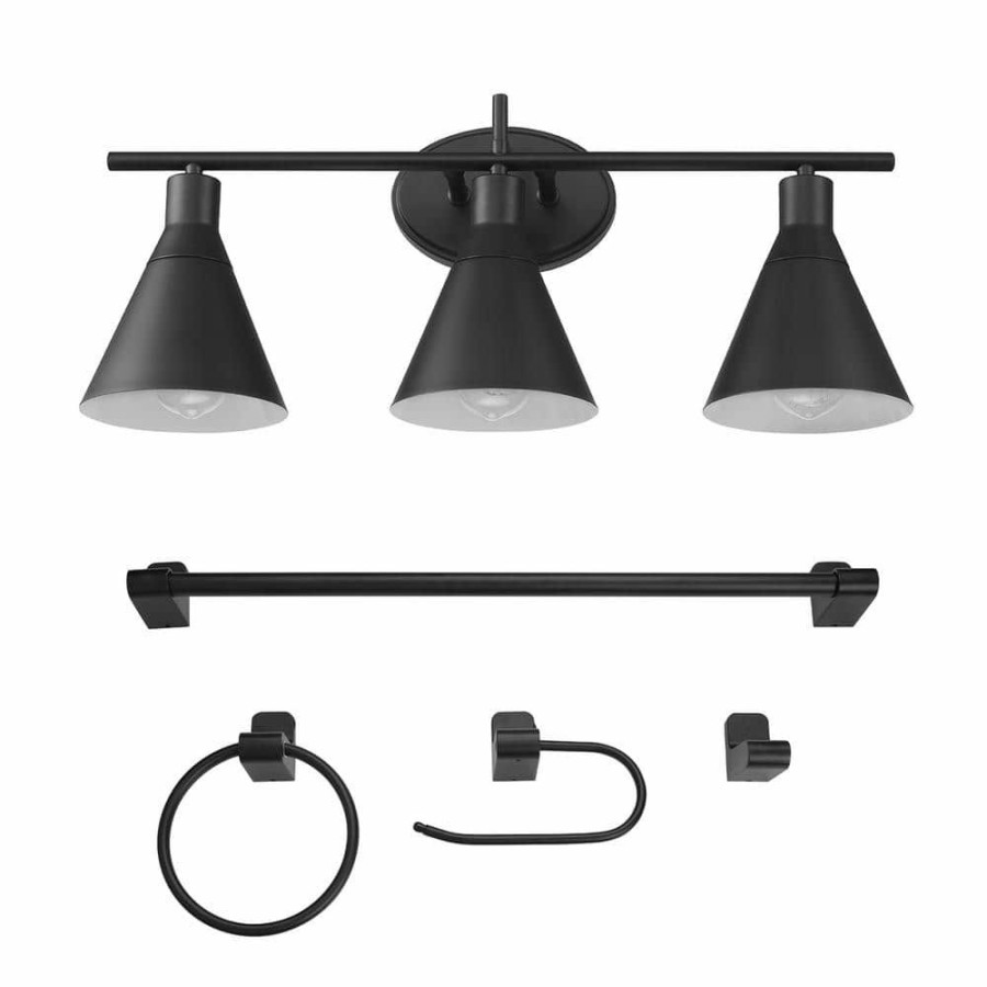 Vanity Lighting * | Tristan 24 In. 3-Light Matte Black Vanity Light With 4-Piece Bathroom Accessory Set By Globe Electric