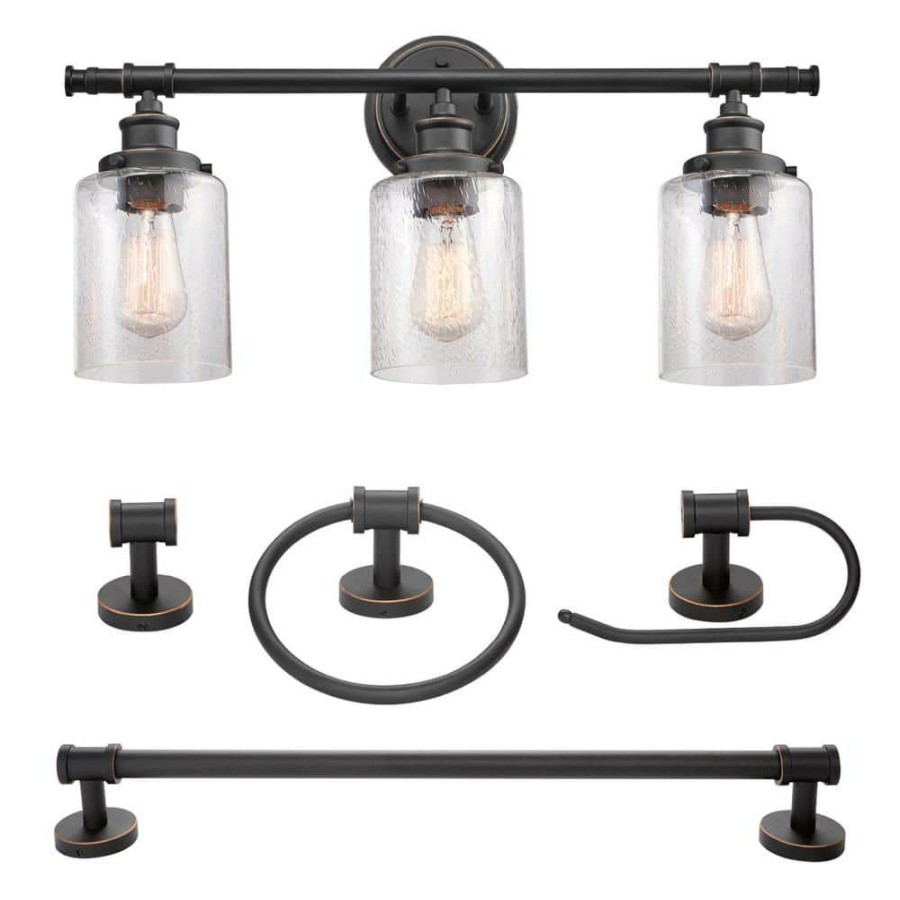 Vanity Lighting * | Camden 5-Piece All-In-One Bronze Bathroom Vanity Light Set By Globe Electric