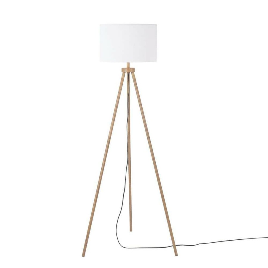 Lamps * | 60 In. Faux Wood Floor Lamp With White Linen Shade And Tripod Base, On/Off Rotary Switch On Socket/ By Globe Electric