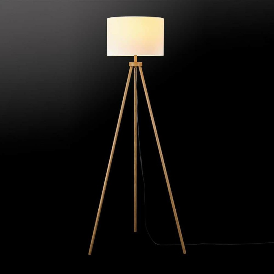 Lamps * | 60 In. Faux Wood Floor Lamp With White Linen Shade And Tripod Base, On/Off Rotary Switch On Socket/ By Globe Electric