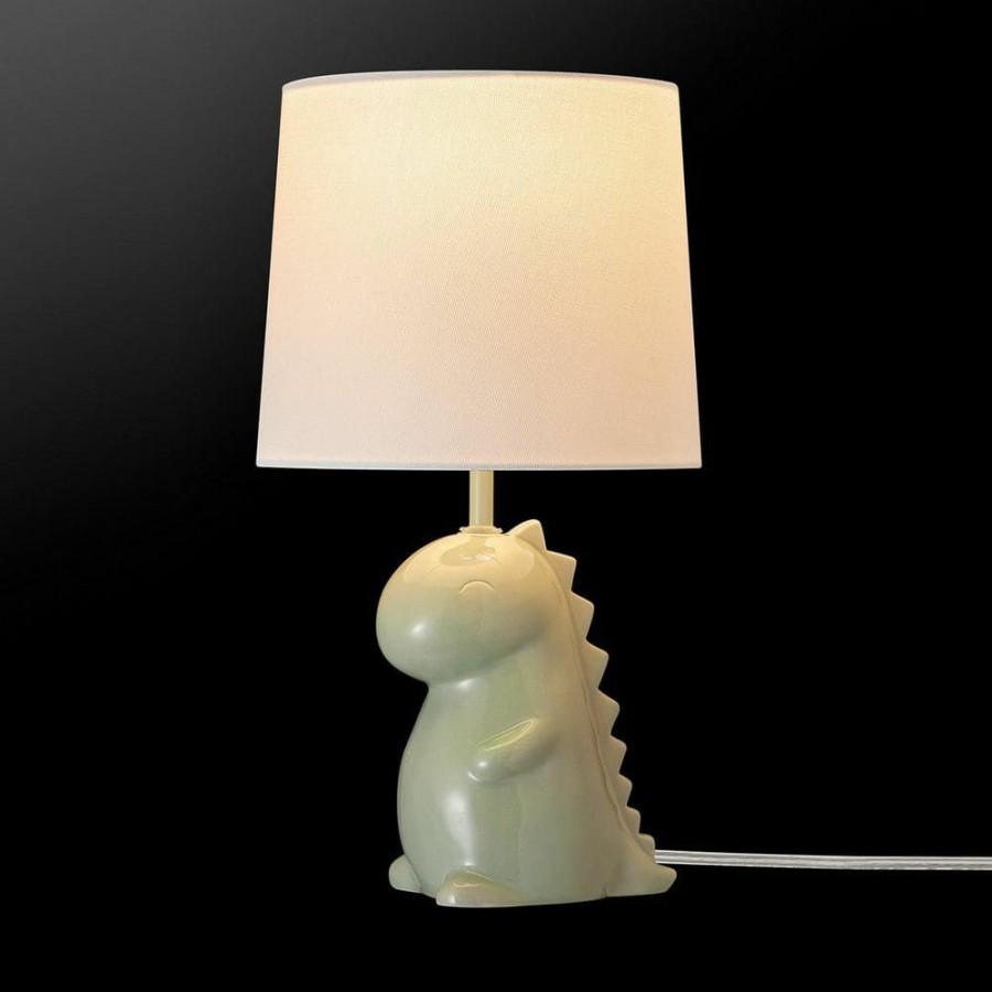 Lamps * | Tommy Dinosaur 16 In. Green Ceramic Table Lamp With White Cotton Shade By Globe Electric