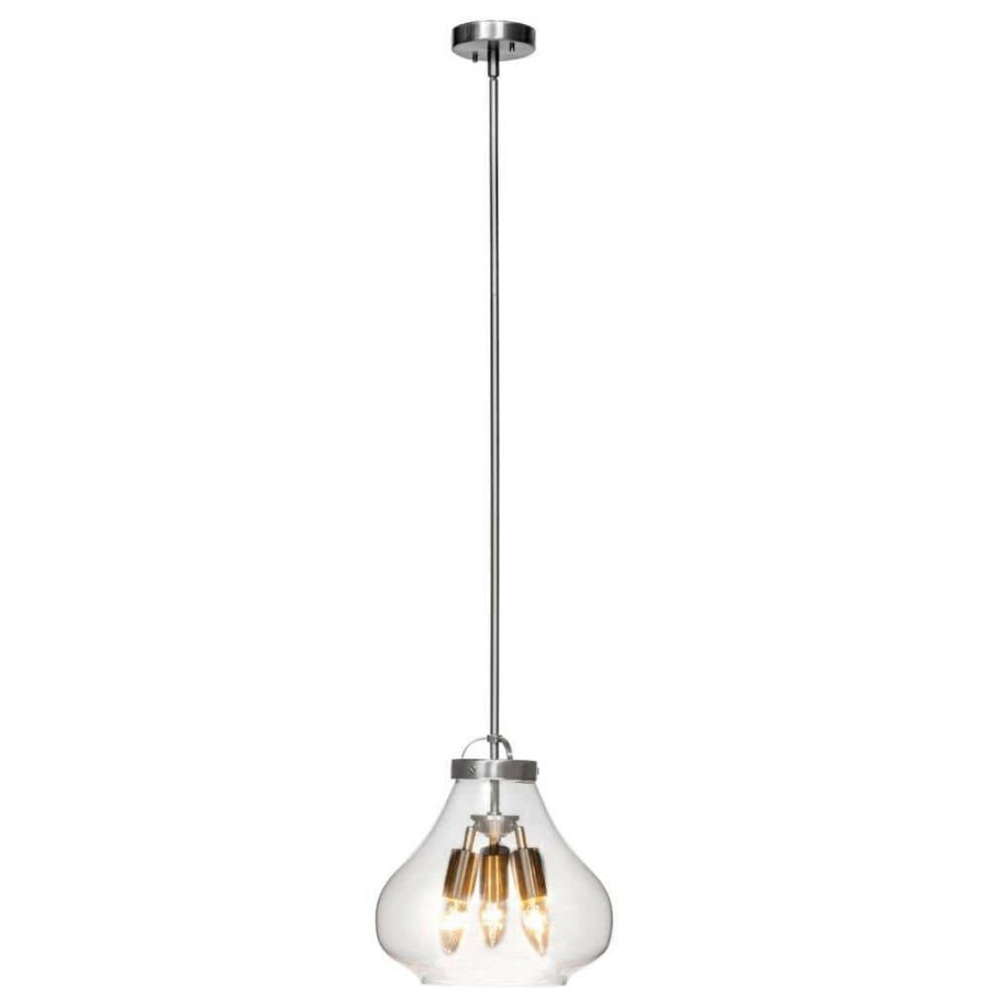 Pendant Lights * | 3-Light Brushed Steel Pendant With Clear Glass Shade By Globe Electric