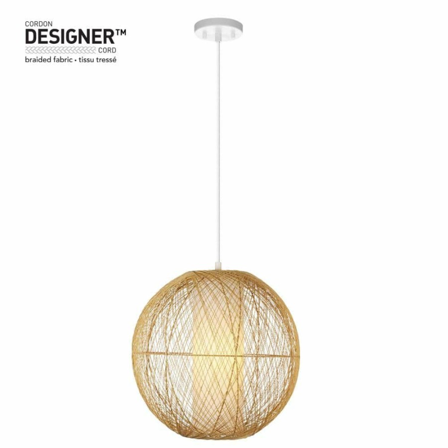 Pendant Lights * | 1-Light White Pendant With Natural Rattan Shade And Designer White Cloth Cord, Vintage Incandescent Bulb Included By Globe Electric