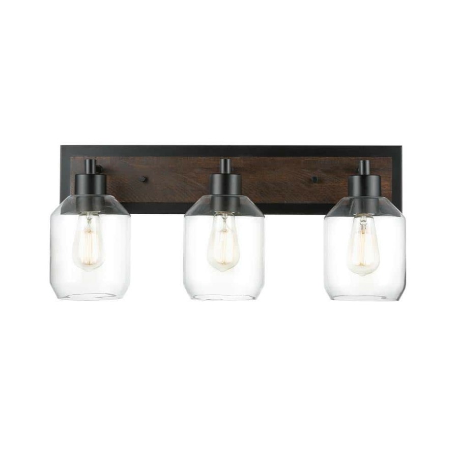 Vanity Lighting * | Williamsburg 24 In. 3-Light Matte Black Vanity Light With Faux Wood Accent, Clear Glass Shades By Globe Electric