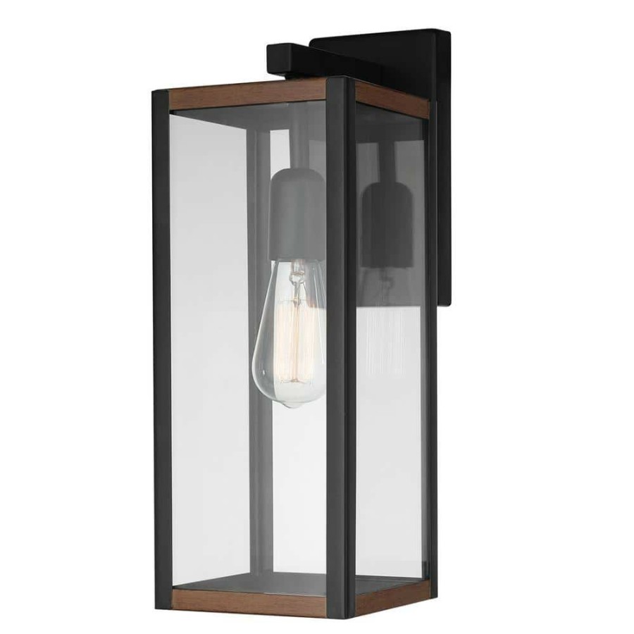 Outdoor Lighting * | Bowery 1-Light Matte Black Outdoor Indoor Wall Lantern Sconce With Faux Wood Accents And Clear Glass Shade By Globe Electric