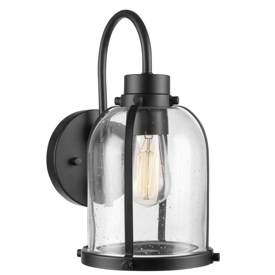 Outdoor Lighting * | 1-Light Matte Black Outdoor Indoor Wall Lantern Sconce With Clear Seeded Glass Shade, Vintage Incandescent Bulb Included By Globe Electric