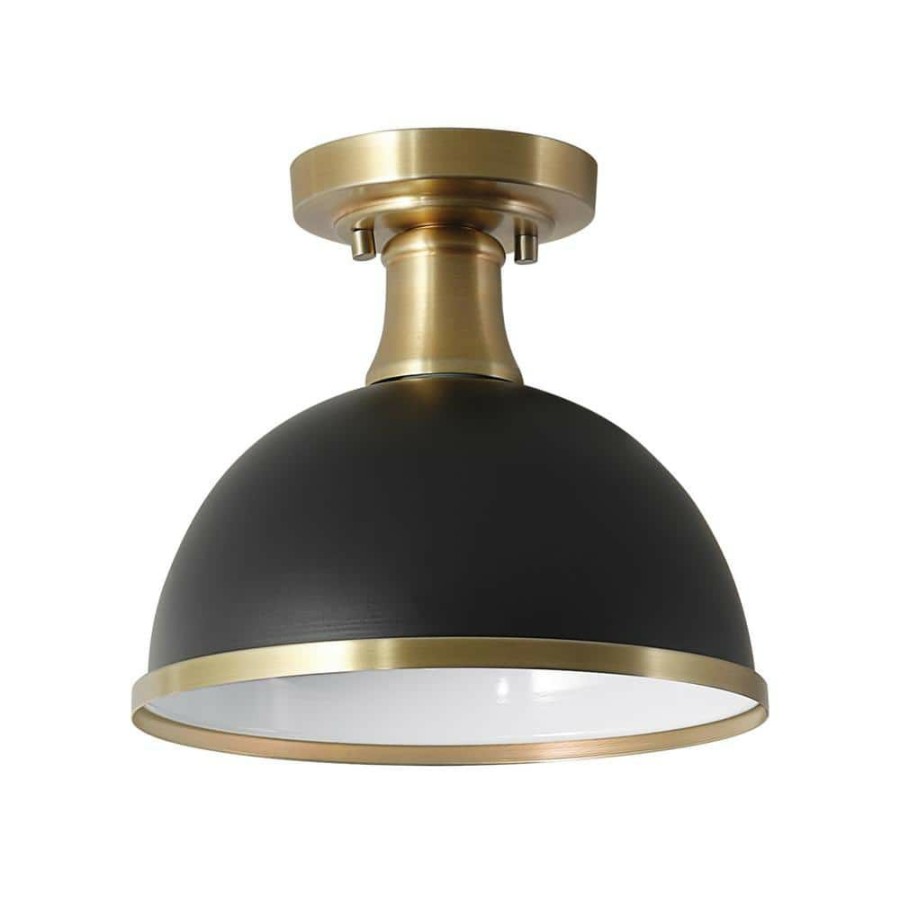 Flush Mount Lights * | Beckett 10.35 In. 1-Light Matte Black Semi-Flush Mount With Matte Brass Accents By Globe Electric