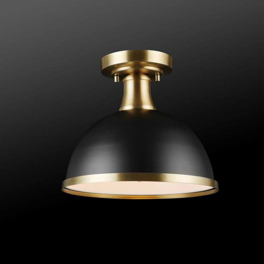 Flush Mount Lights * | Beckett 10.35 In. 1-Light Matte Black Semi-Flush Mount With Matte Brass Accents By Globe Electric