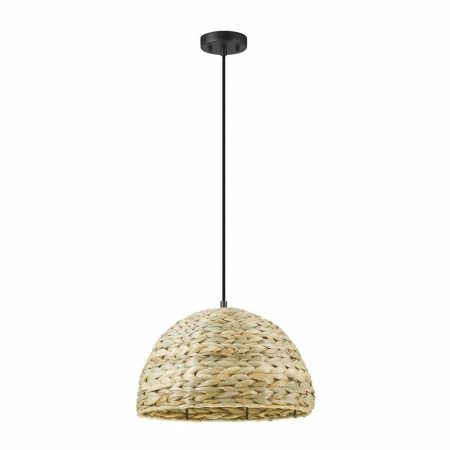 Chandeliers * | Finn 1-Light Black Shaded Pendant Light With Twine Shade By Globe Electric