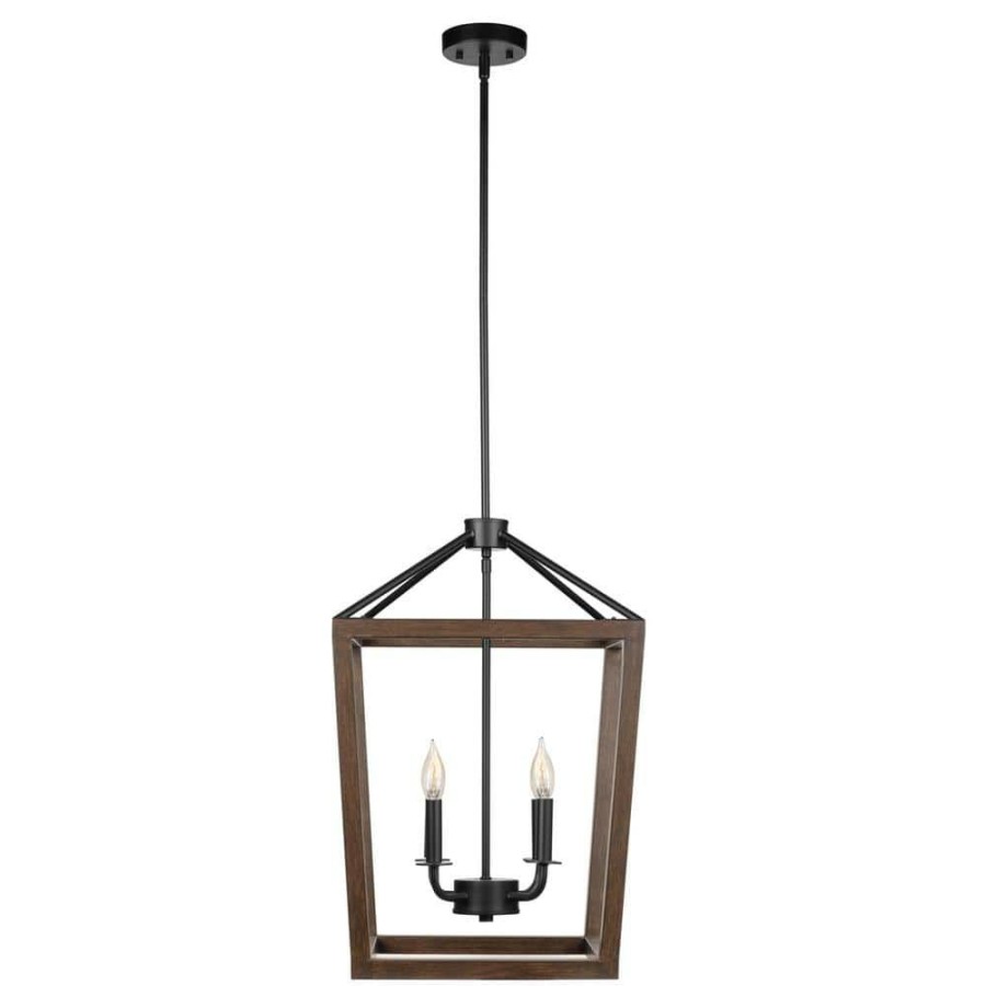 Chandeliers * | 4-Light Matte Black Pendant With Faux Wood Accent, Vintage Incandescent Bulbs Included By Globe Electric