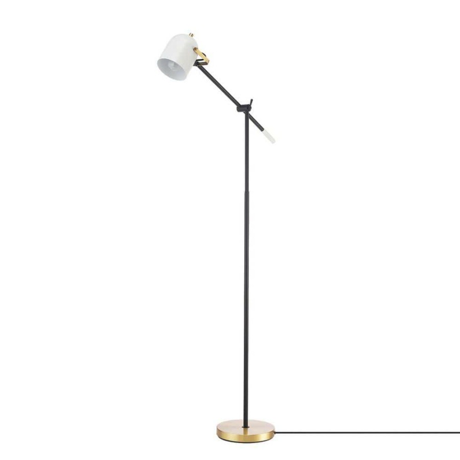 Lamps * | 65 In. Matte Black Floor Lamp With Brass Accents And White Shade, On/Off Rotary Switch On Head By Globe Electric