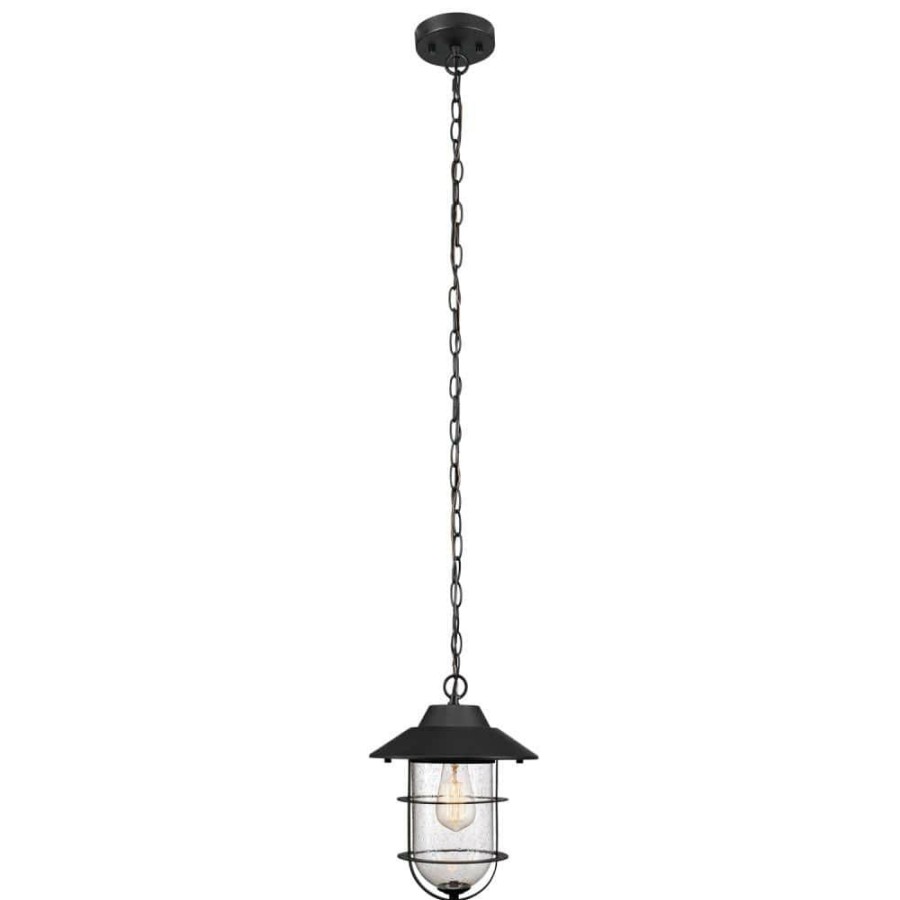 Outdoor Lighting * | Matthews Matte Black Outdoor/Indoor 1-Light Hanging Pendant With Seeded Glass Shade By Globe Electric